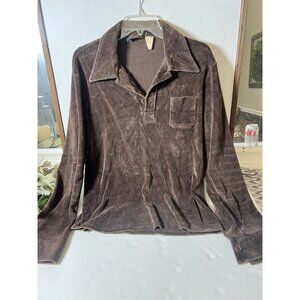 Vintage 1960s Boho Velour Shirt M Brown Long Sleeve Disco Retro Polo.   O